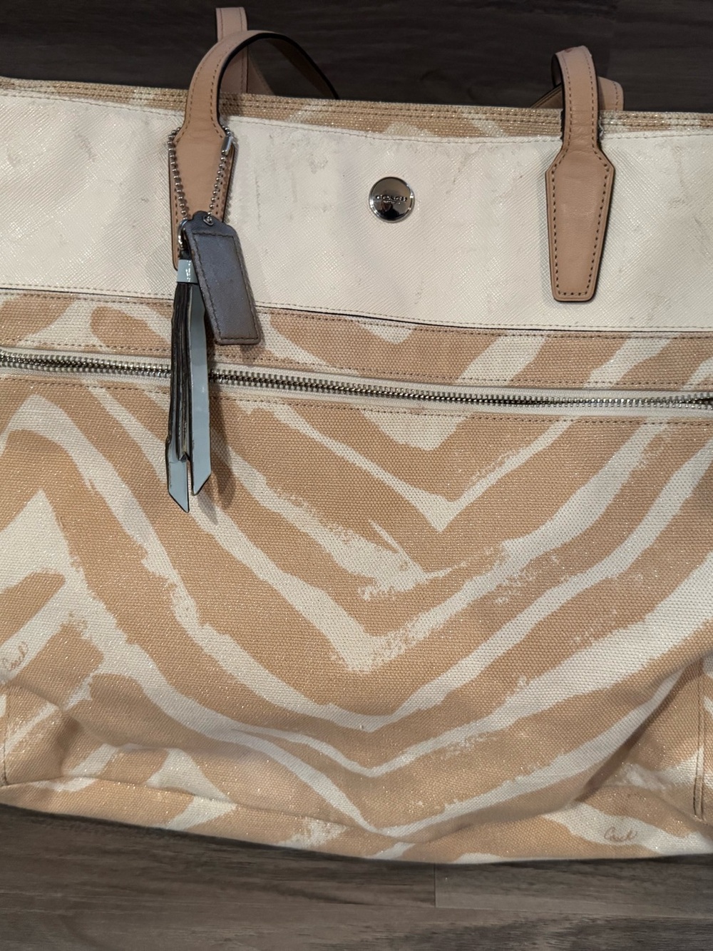 Coach Beige and Cream Zebra-Print Tote with Leather Trim